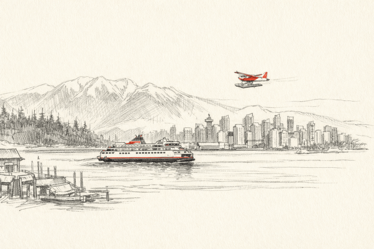 Pencil sketch of BC Ferries sailing between Victoria and Vancouver with mountains