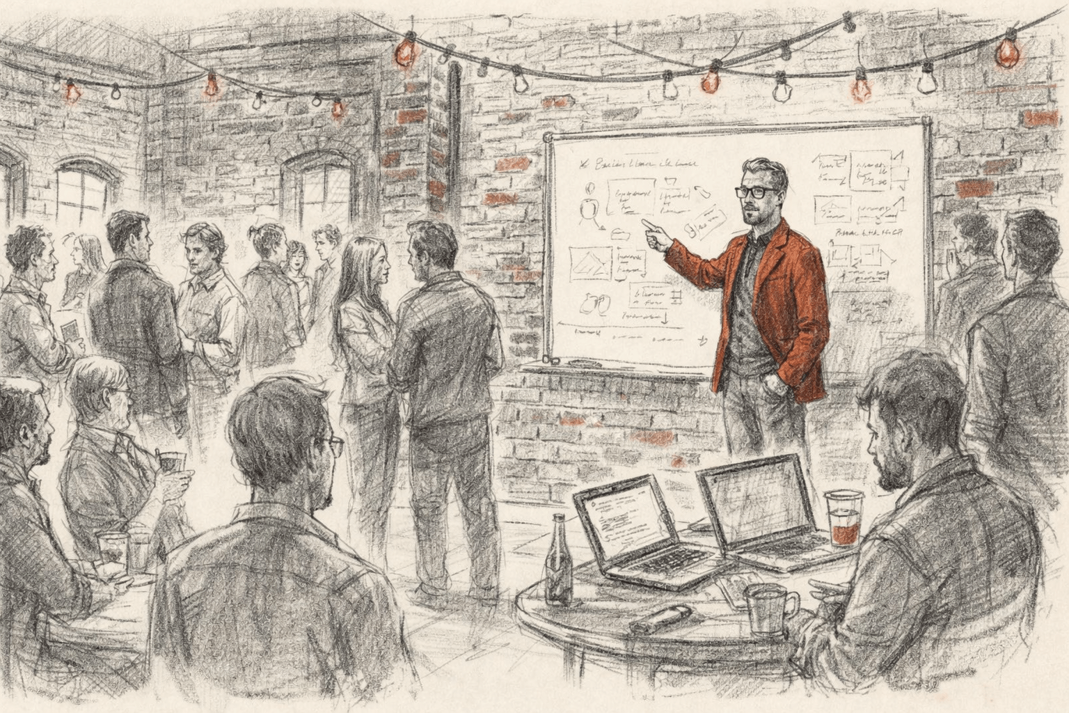 Pencil sketch of Victoria BC tech community meetup in a brick building