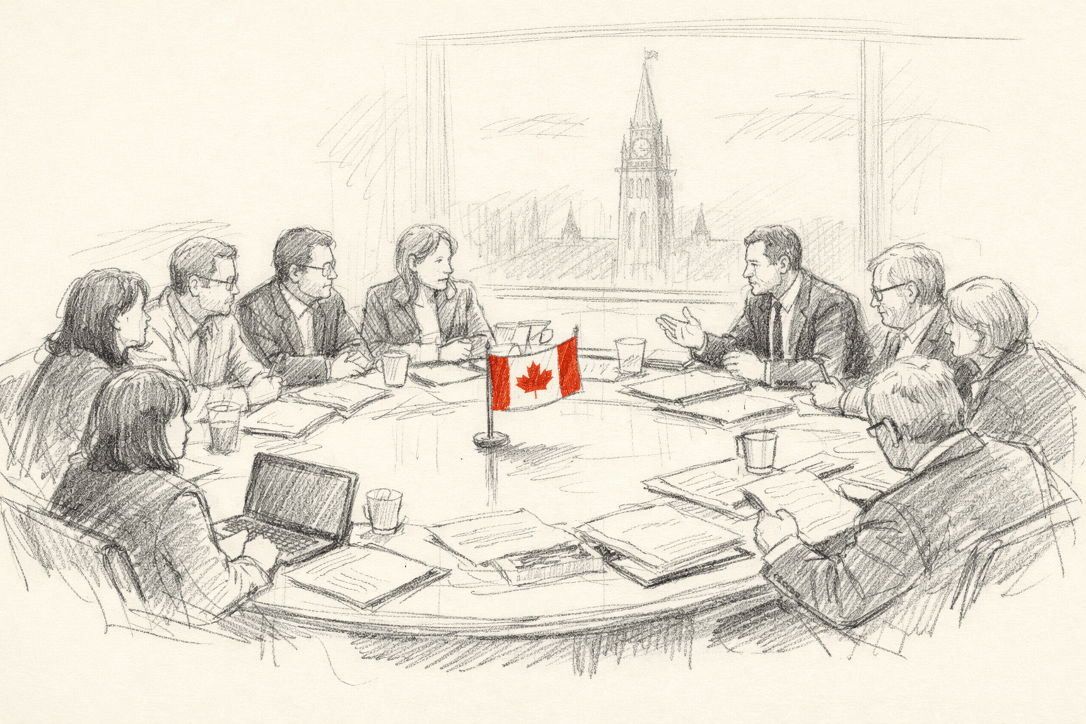Pencil sketch of Canadian innovation policy roundtable with Parliament visible