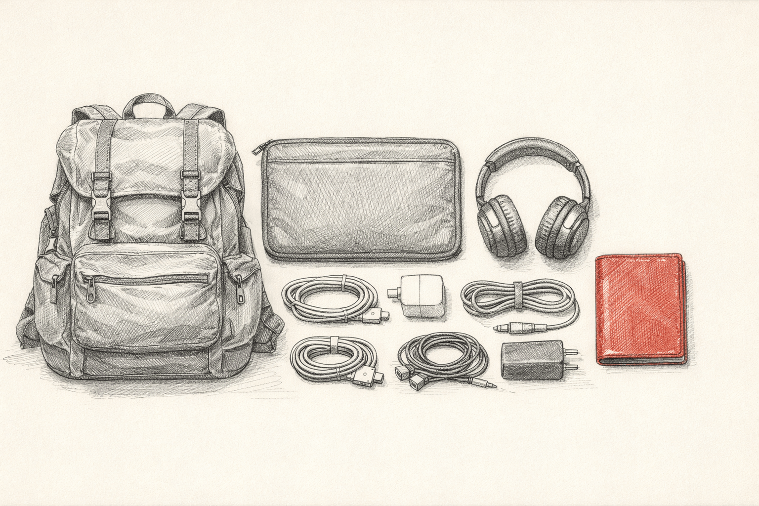 Pencil sketch of business travel gear including bag, laptop, and accessories