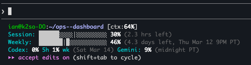 Claude Code status line showing token consumption percentages for Claude, Codex, and Gemini