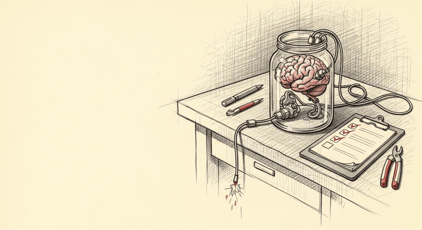 Brain in a jar connected to a clipboard, with one cable cut, pencil sketch