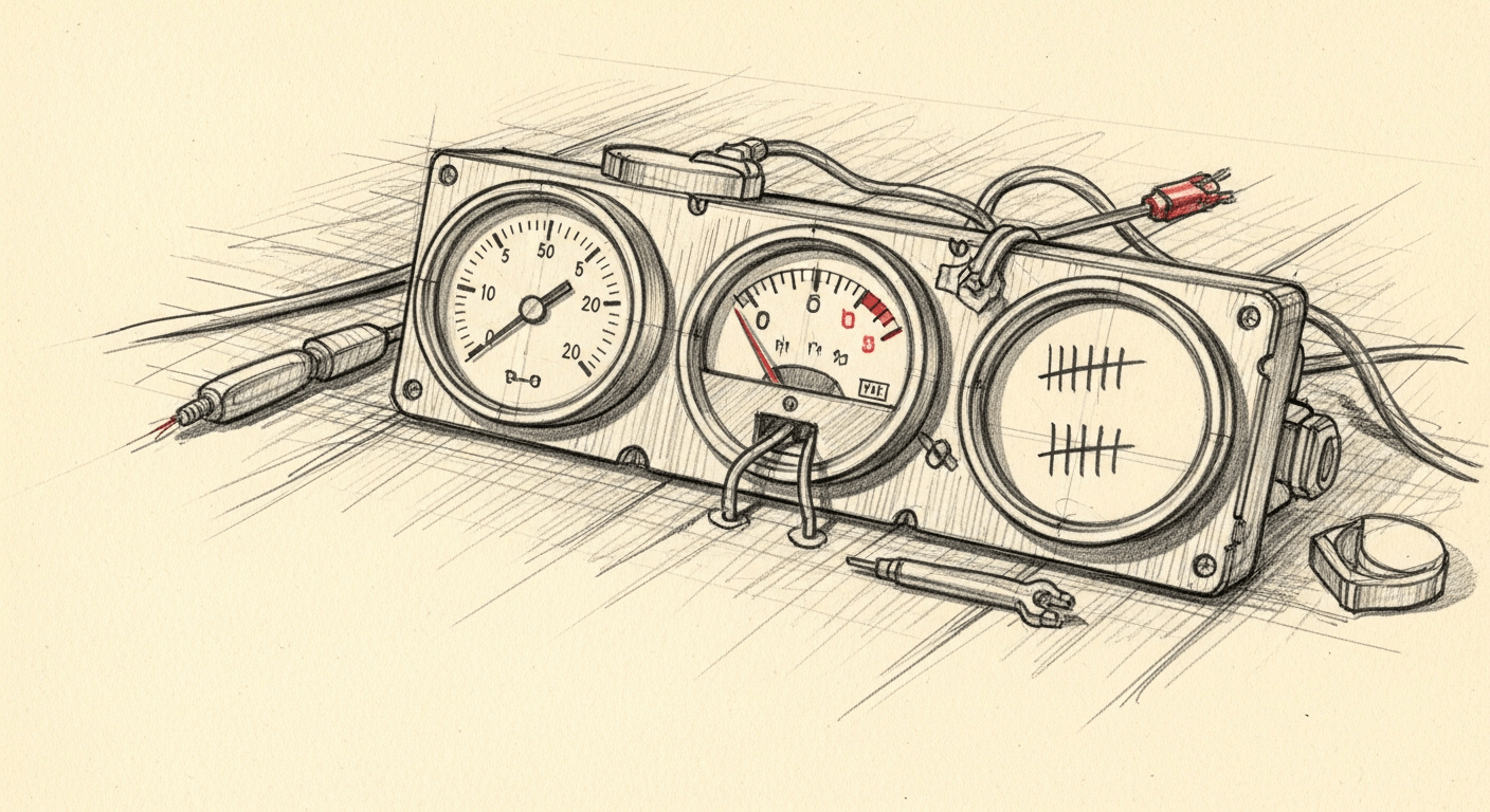 Three gauges on a workbench showing different measurement approaches, pencil sketch illustration