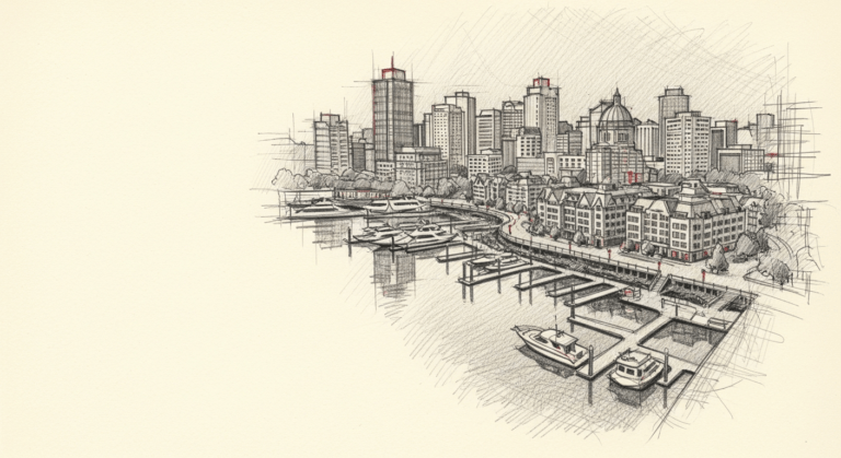 Hero image for: Victoria BC Inner Harbour waterfront at dusk, executive business travel, city skyline, pencil sketch style