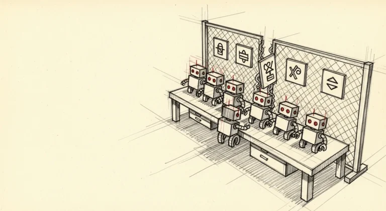 Hero image for: a workbench with seven small robot browsers lined up at a chain-link fence labeled with abstract symbols, one robot squeezing through a gap while others are stopped by the fence