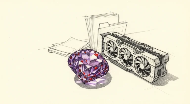 Pencil-sketch hero image: an NVIDIA RTX-class GPU and a glowing purple gem (visual cue for the Obsidian vault), with file stacks in the background. ILP style.