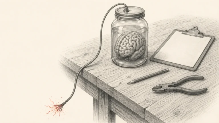 Pencil sketch: a brain in a glass jar on a desk with a cable ending in a sparking brick red frayed wire.