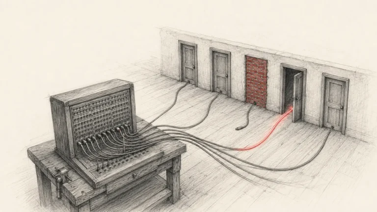 Pencil sketch of a telephone switchboard patch panel with cables running to a row of doors, one door bricked over and one cable glowing red
