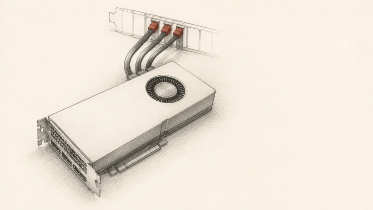 Pencil sketch: a blank-shrouded graphics card with three cables running to brick red connectors.