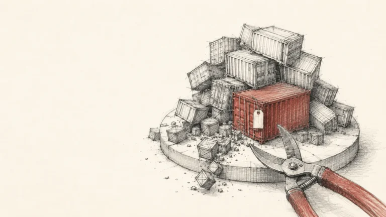 Pencil sketch: pruning shears clipping loose crates from a pile of shipping containers on a small disk platform, one red tagged container left untouched