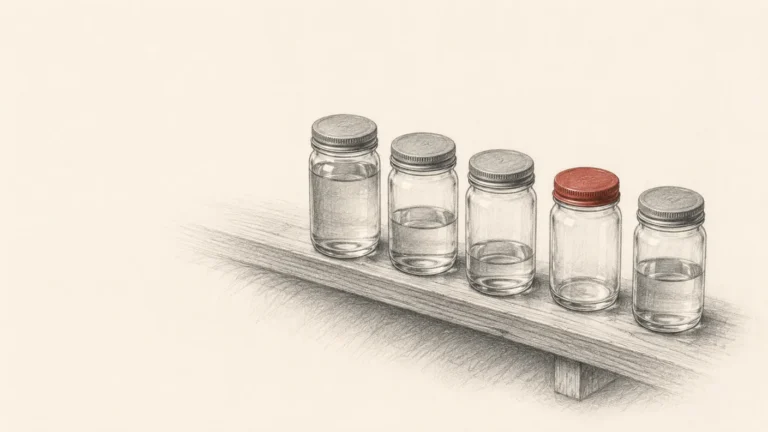 Pencil sketch: five small glass jars on a wooden shelf at varying fill levels, one with a brick red cap.