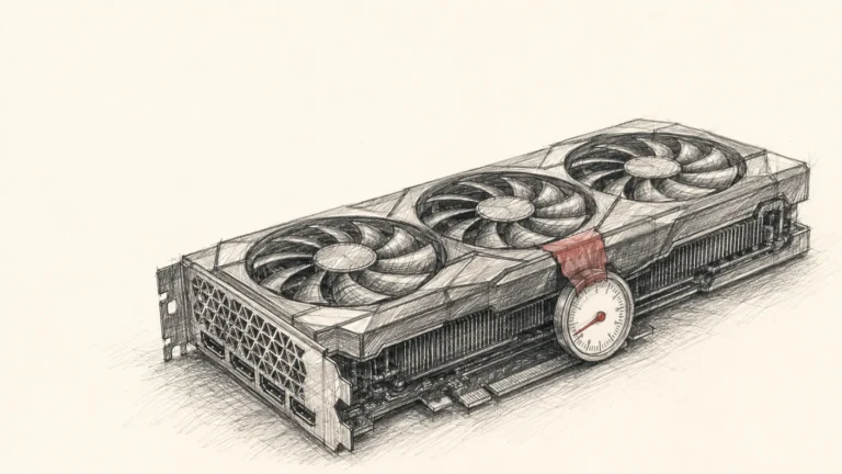 Pencil sketch: a small dial thermometer taped to a large three-fan graphics card, needle pointing the wrong way