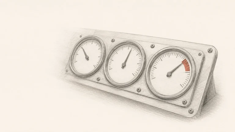 Pencil sketch: three analog gauges on an instrument panel, one needle pointing into a brick red danger wedge.