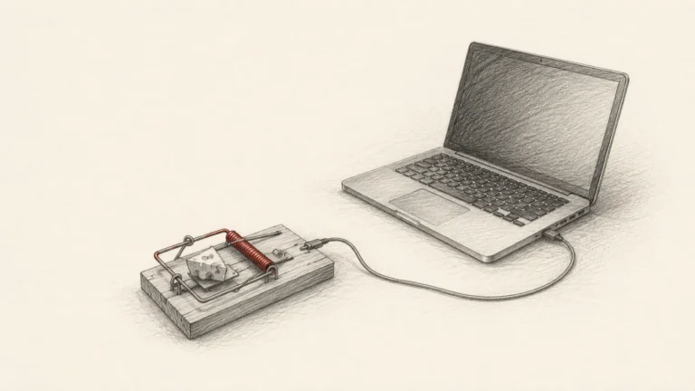 Pencil sketch: a mousetrap baited with cheese and wired by a thin cable to a laptop, with the trap spring highlighted in brick red.