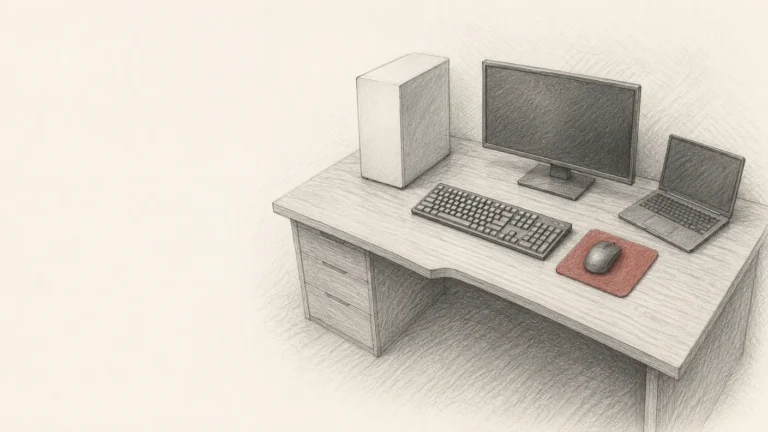 Pencil sketch: a desk with an unmarked tower computer, monitor, laptop and keyboard, with a brick red mousepad.