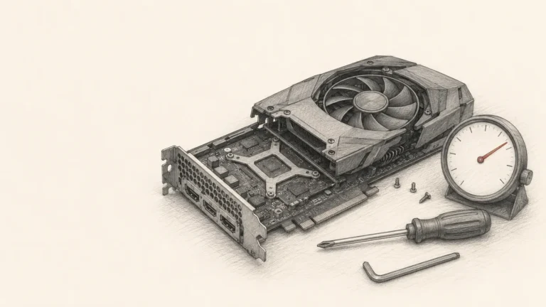 Pencil sketch: a graphics card mid-rebuild on a workbench with small tools and a speedometer-style dial whose needle is marked in brick red.