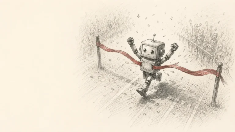 Pencil sketch: a small boxy robot crossing a finish line and breaking a brick red ribbon.