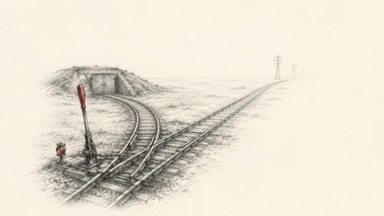 Pencil sketch of a railway switch: one track curves into a sealed concrete bunker, the other runs to the horizon toward transmission towers.