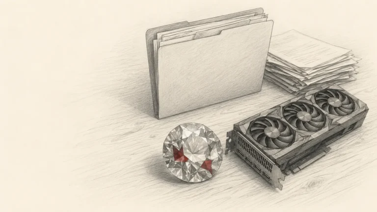 Pencil sketch: a faceted gemstone with a few brick red facets beside a graphics card and file folders on a desk.