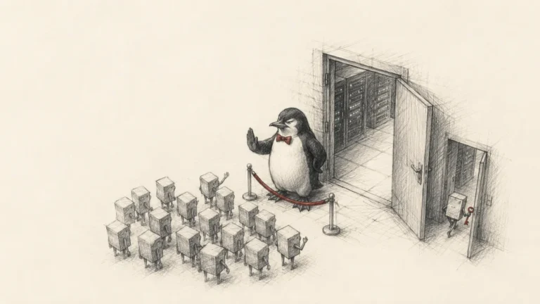 Pencil sketch: a penguin bouncer with a red velvet rope turns away a crowd of box-shaped processes at a server room door while one small process with a red key slips in a side entrance