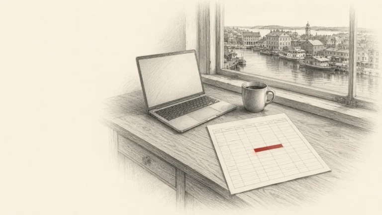 Pencil sketch: a desk by a window overlooking a harbor, with a laptop, coffee mug and a blank ledger page marked by one brick red redaction bar.