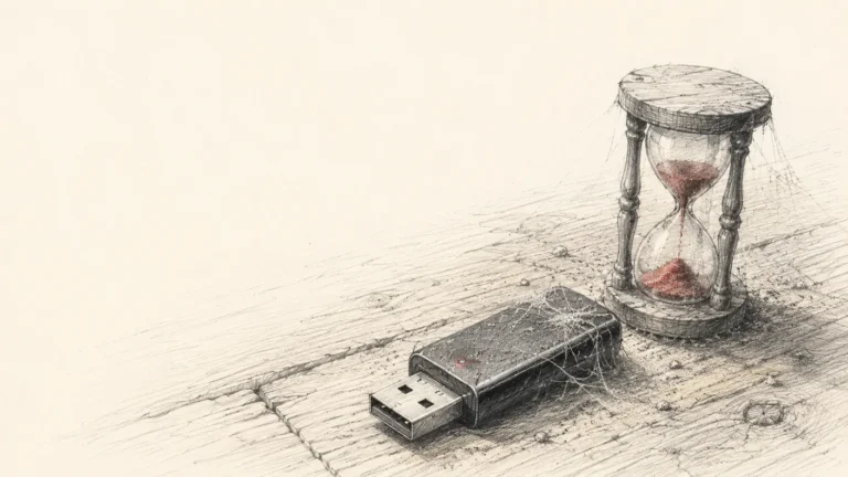 Pencil sketch: a brand-new USB Zigbee coordinator covered in cobwebs beside an hourglass with red sand