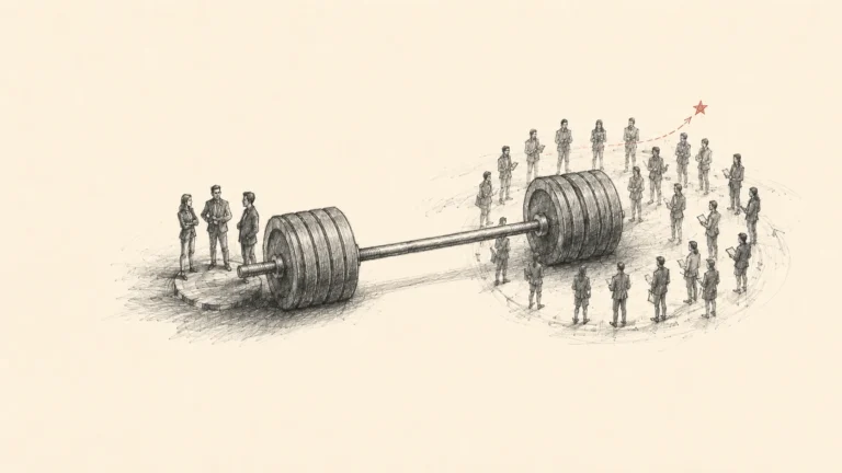 Pencil sketch of a barbell. Three figures stand at the left plate; about twenty-five figures ring the right plate.
